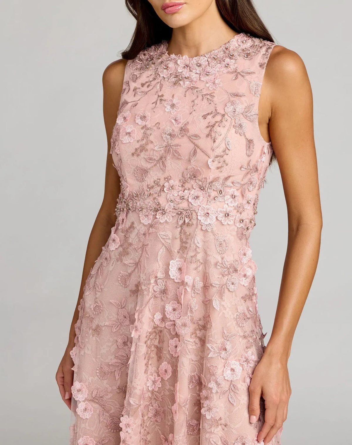 Pink Floral Embroidered High Neck Midi Dress