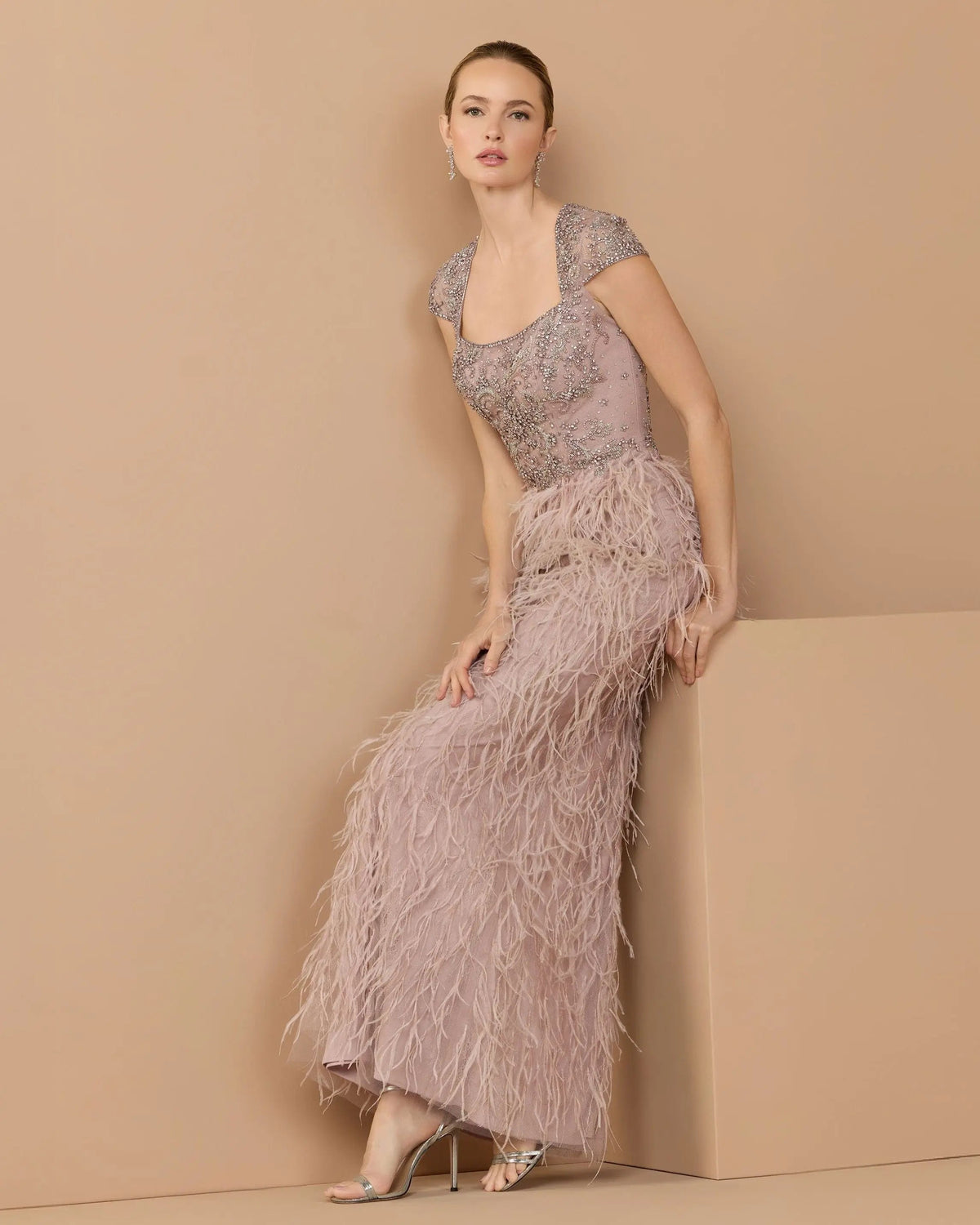 Pink Embellished Cap Sleeve Feather Gown