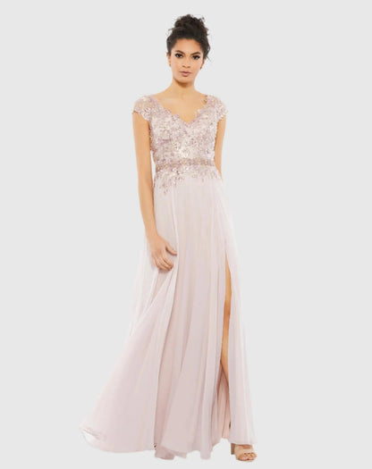 Pink Embellished Cap Sleeve Bodice Flowy Gown