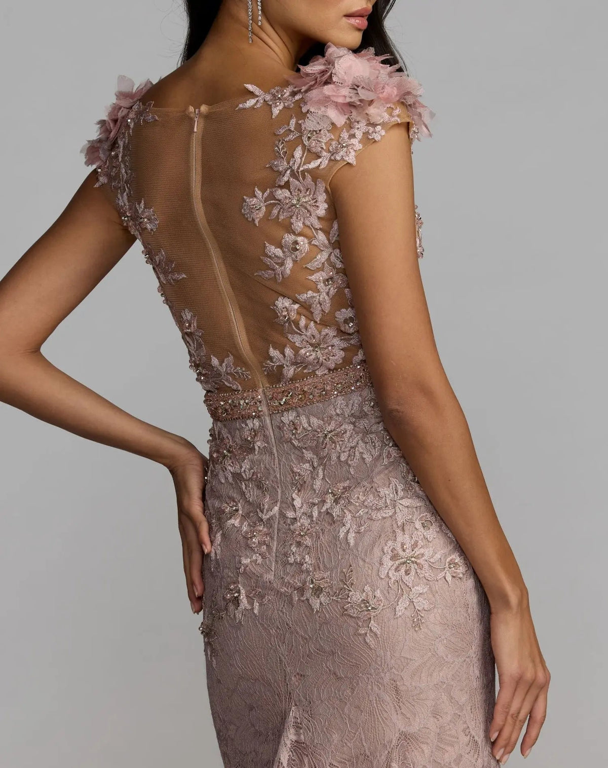 Pink Embellished Lace Illusion Neck Gown With 3D Flowers