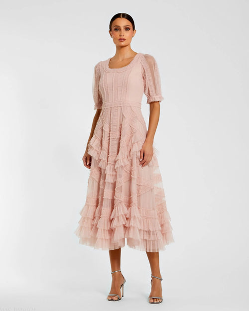 Pink Short Sleeve Micro Ruffle Midi Dress