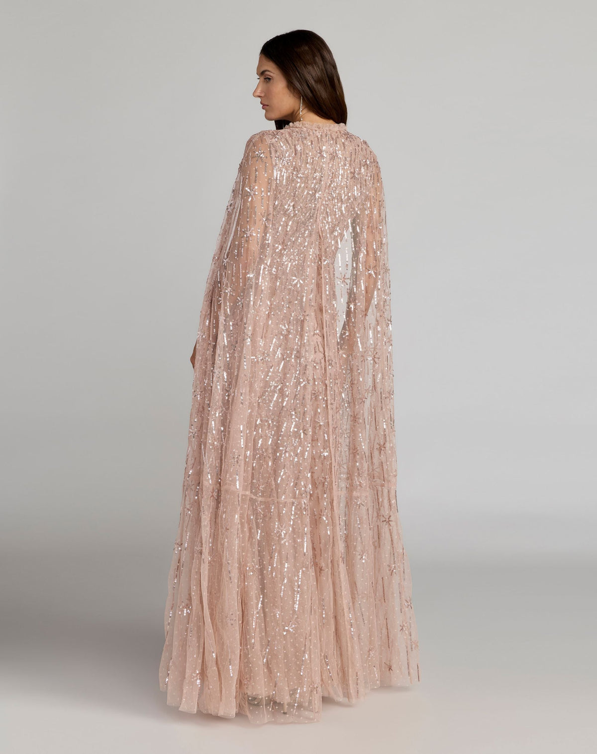 Pink Embellished High Neck Gown With Cape Sleeves