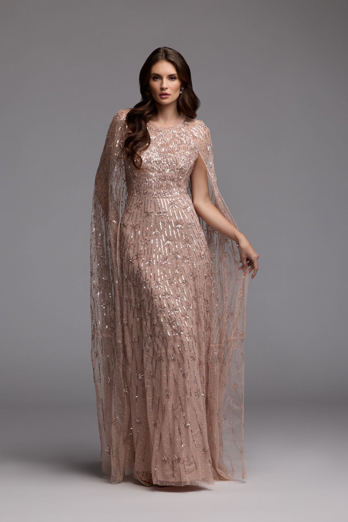 Pink Embellished High Neck Gown With Cape Sleeves
