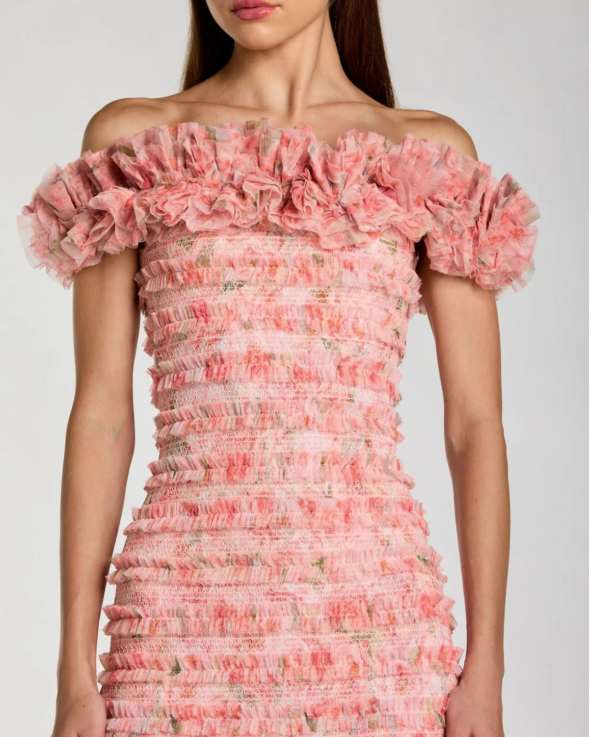 Pink Floral Off The Shoulder Ruffle Midi Dress
