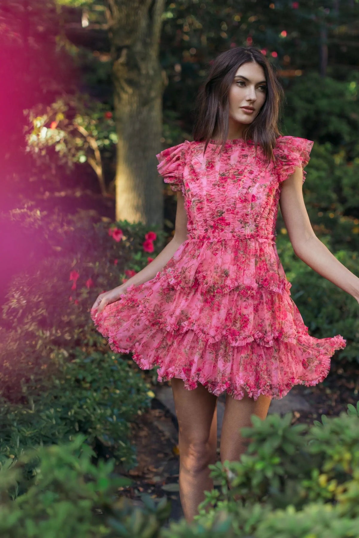 Pink Floral High Neck Cap Sleeve Ruffle Mini Dress
