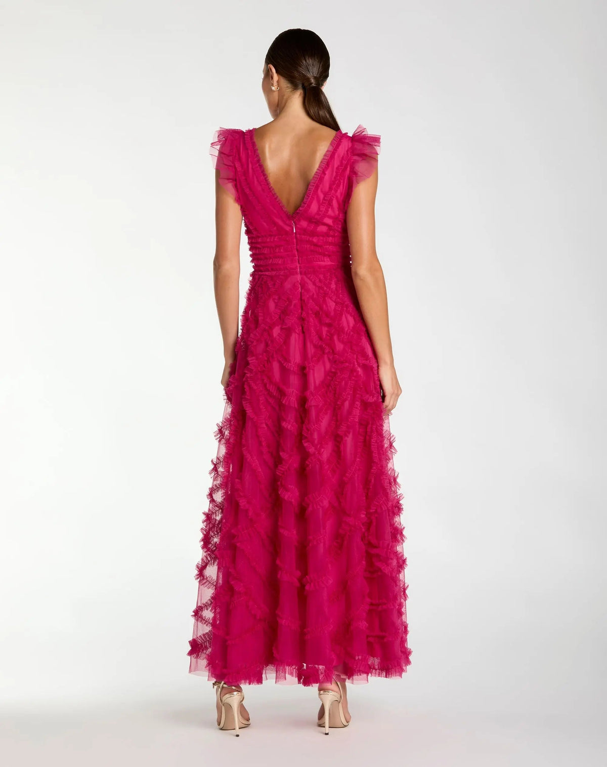 Pink V-Neck Cap Sleeve Ruffle Maxi Dress