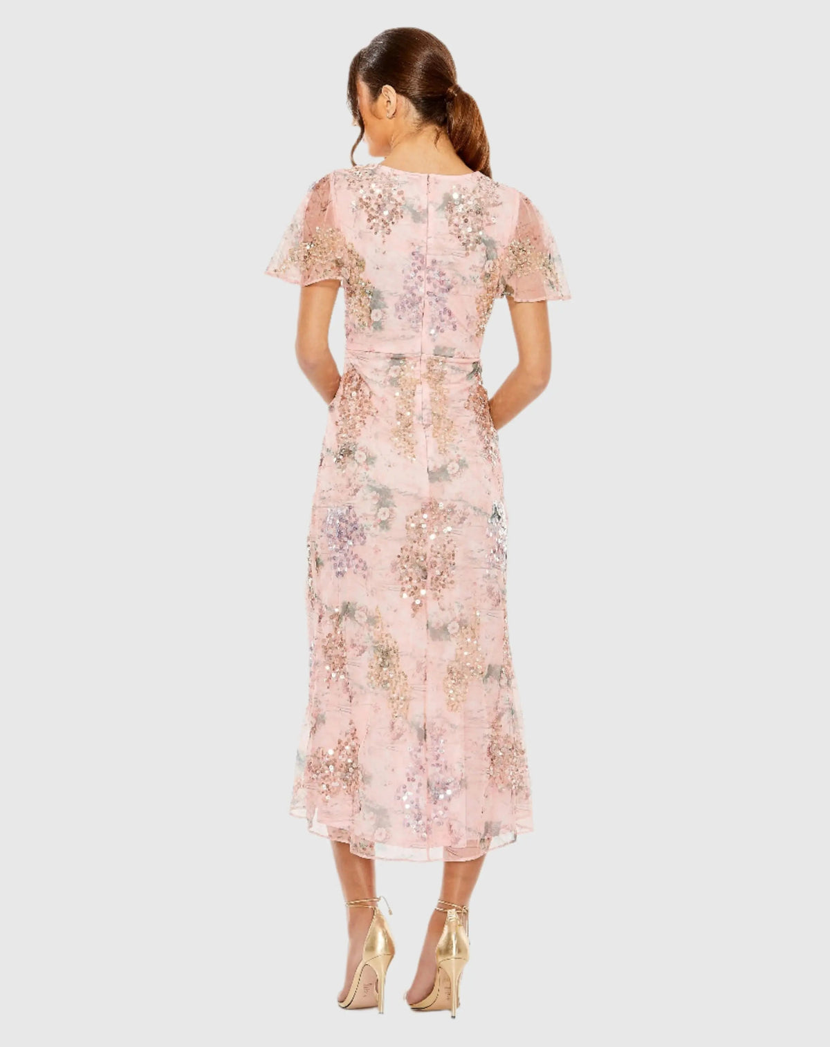 Pink Embellished Floral Flutter Sleeve Midi Dress