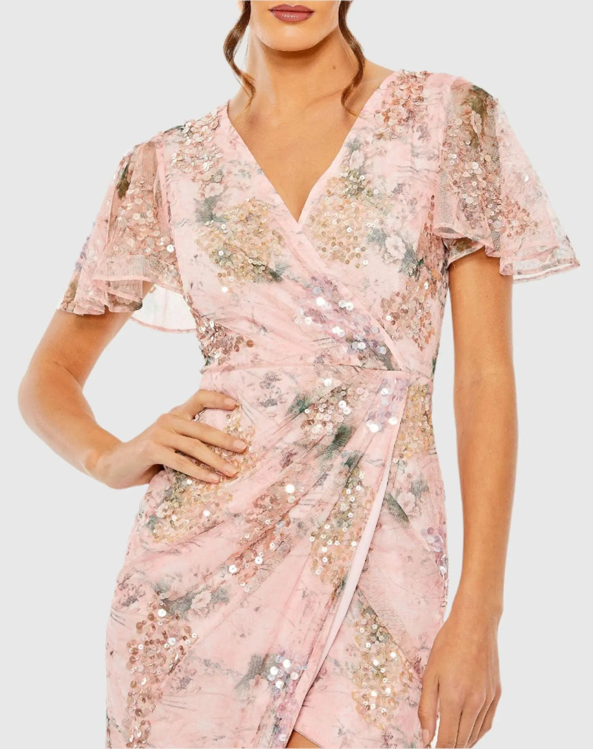 Pink Embellished Floral Flutter Sleeve Midi Dress