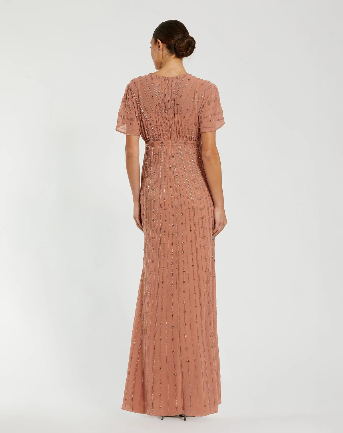 Pink Beaded Short Sleeve V-Neck Gown