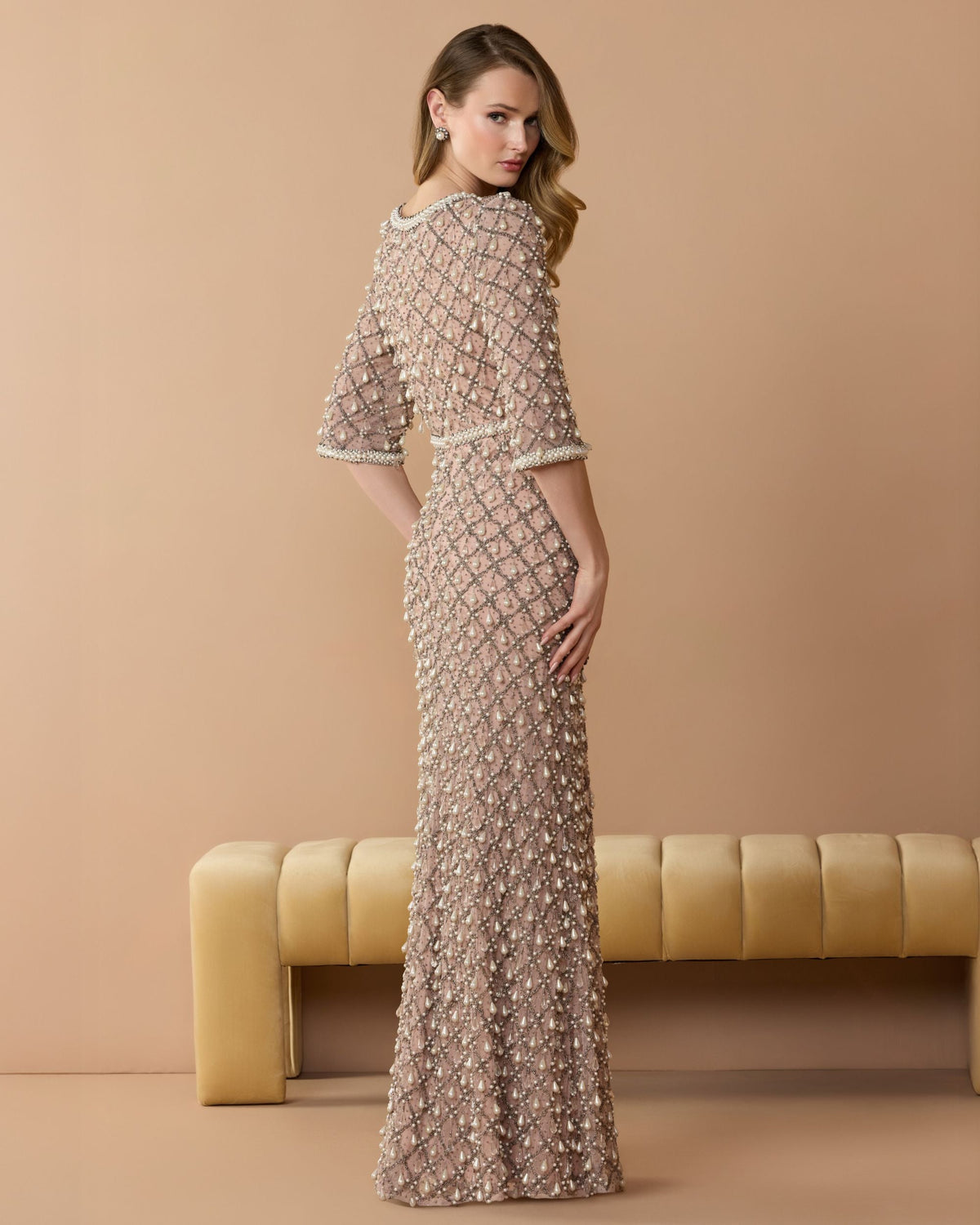 Petite Pink Pearl Embellished 3/4 Sleeve Gown