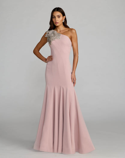 Petite Pink Crepe One Shoulder Gown With Crystal Flower