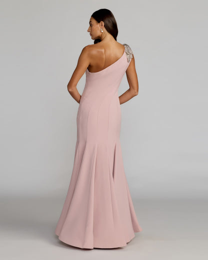 Petite Pink Crepe One Shoulder Gown With Crystal Flower