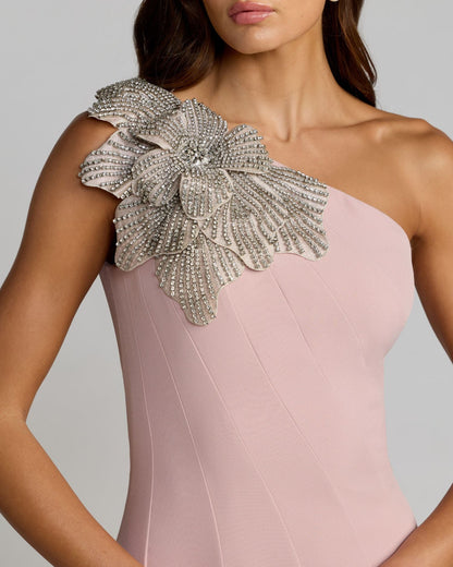Petite Pink Crepe One Shoulder Gown With Crystal Flower