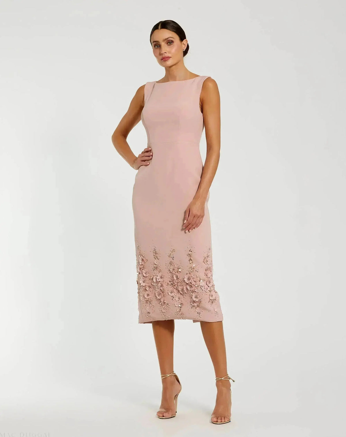 Petite Pink Crepe Sleeveless Midi Dress With Flower Beading