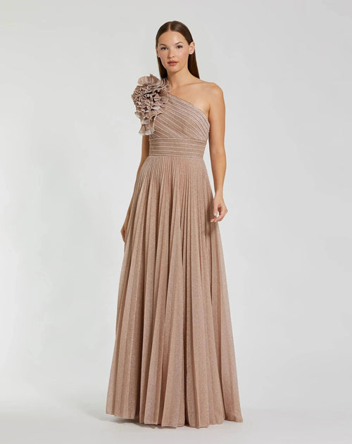 Petite Pink Pleated One Shoulder Ruffle Gown