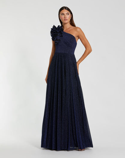 Pleated One Shoulder Ruffle Gown