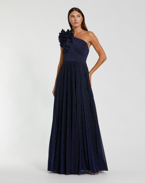 Petite Navy Pleated One Shoulder Ruffle Gown
