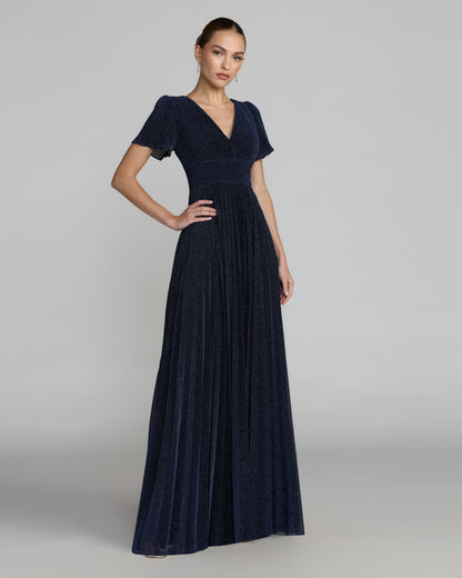 Pleated Metallic Flutter Sleeve A Line Gown