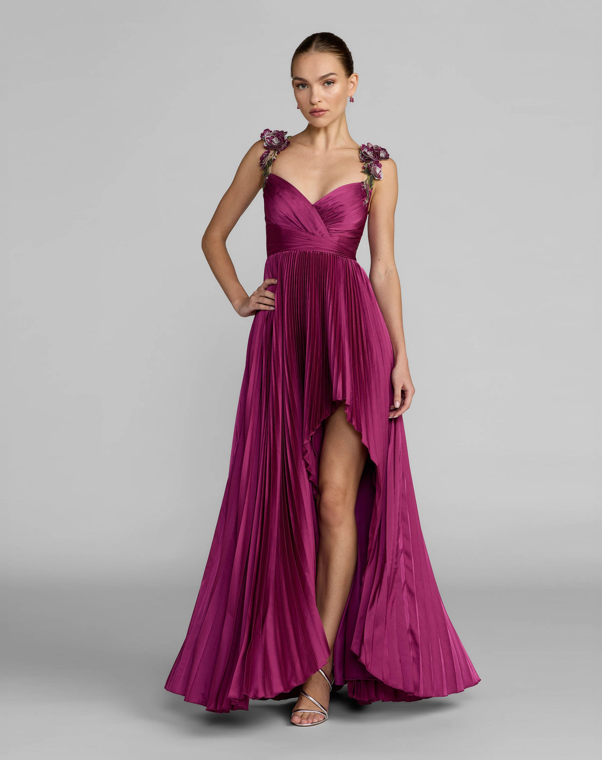 Pleated High Low Gown With 3D Floral Straps