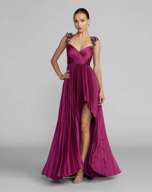 Pleated High Low Gown With 3D Floral Straps