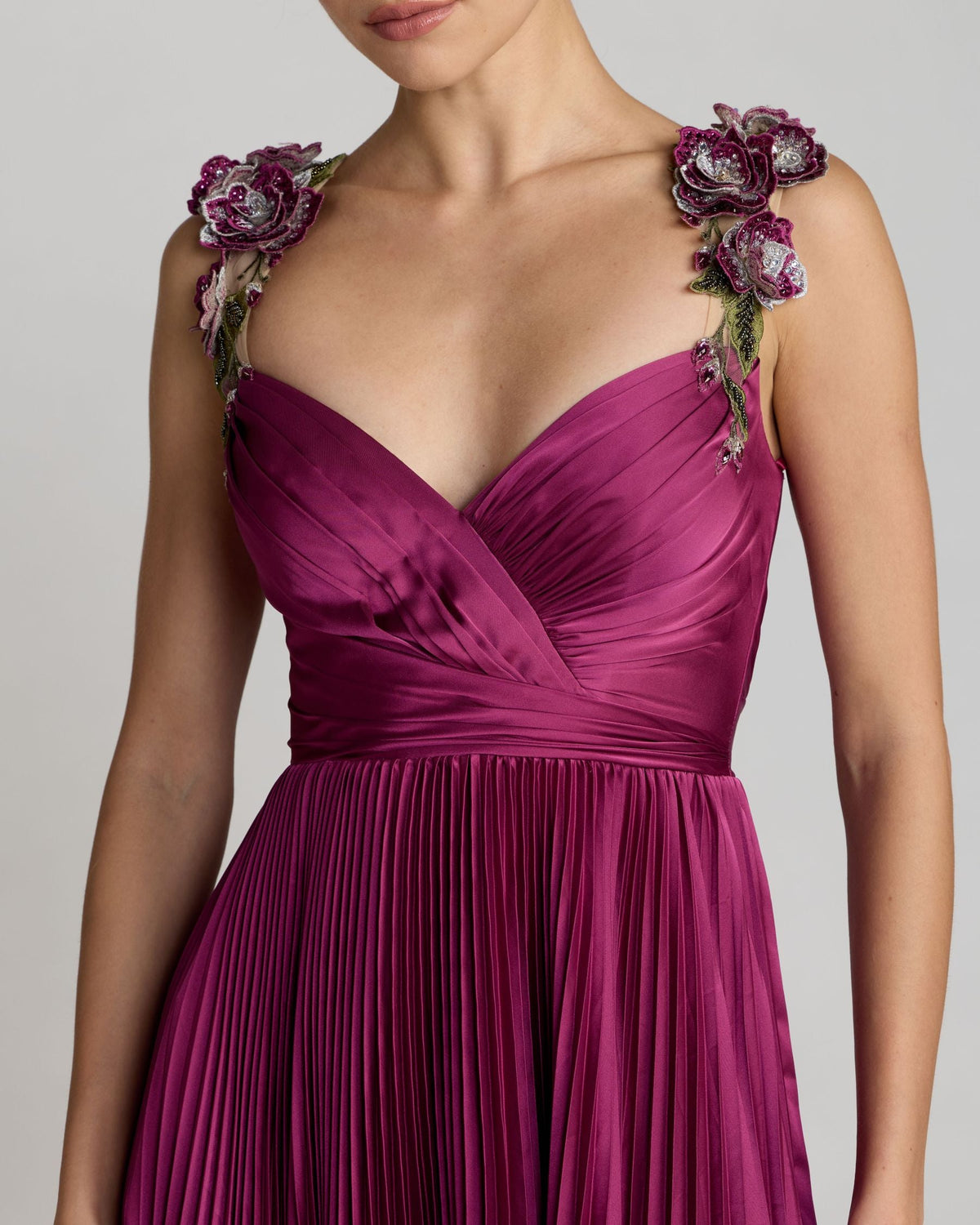 Petite Purple Pleated High Low Gown With 3D Floral Straps