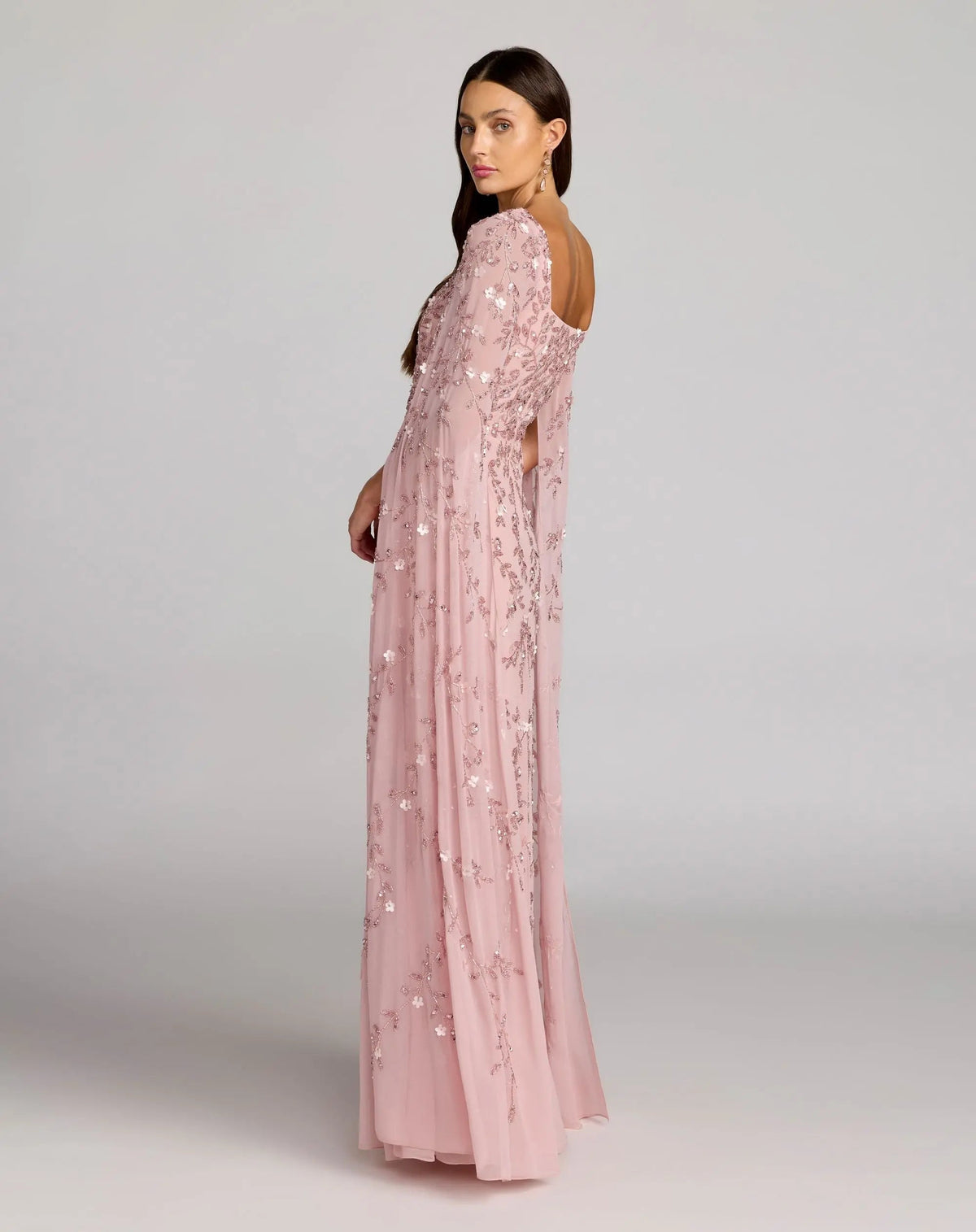 Petite Pink Beaded Square Neck Cape Sleeve Gown