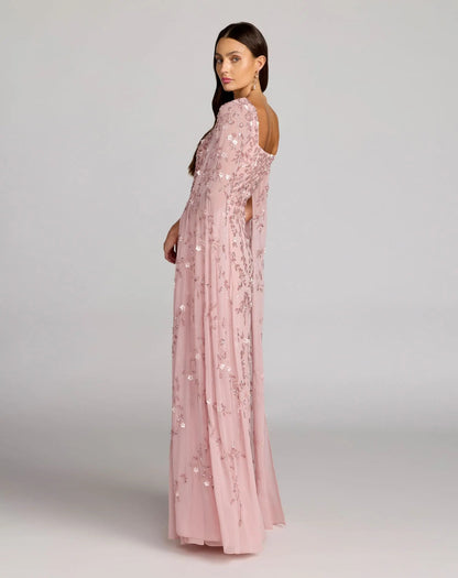 Petite Pink Beaded Square Neck Cape Sleeve Gown