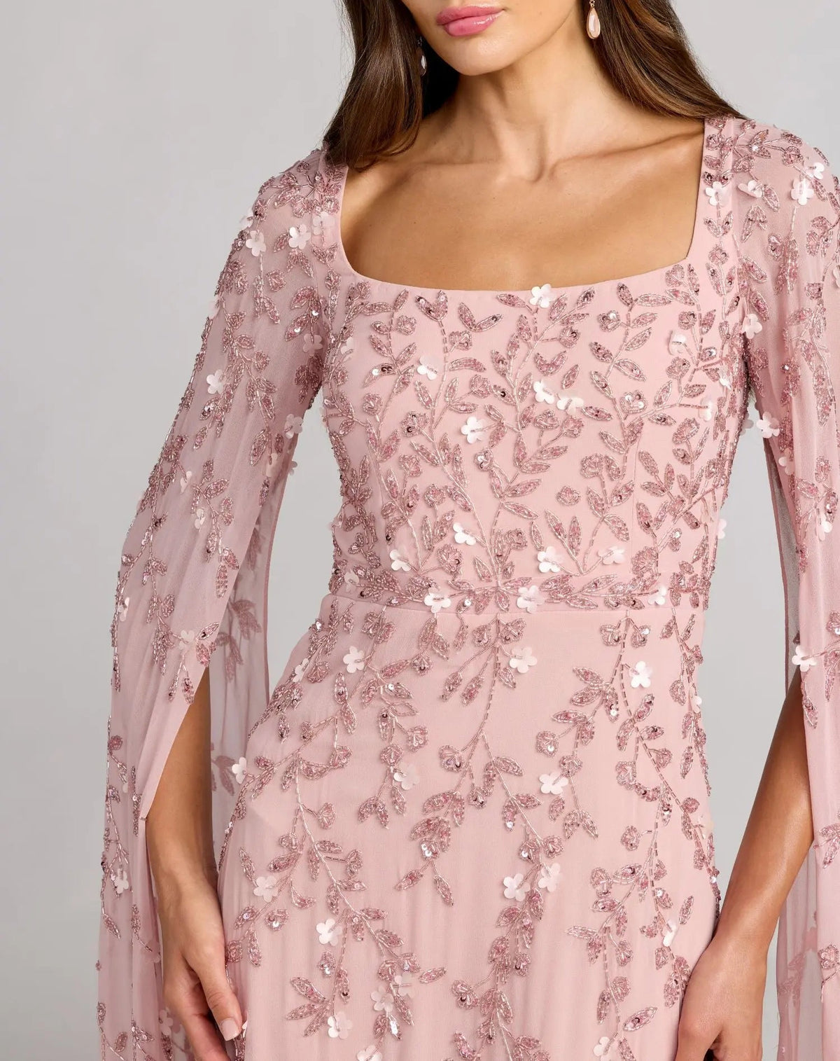 Petite Pink Beaded Square Neck Cape Sleeve Gown