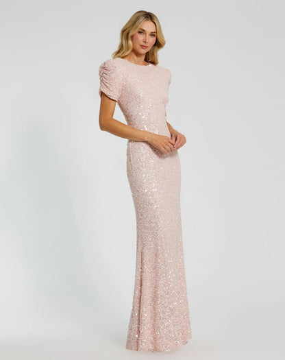 Petite Pink Gathered Short Sleeve Embellished Gown