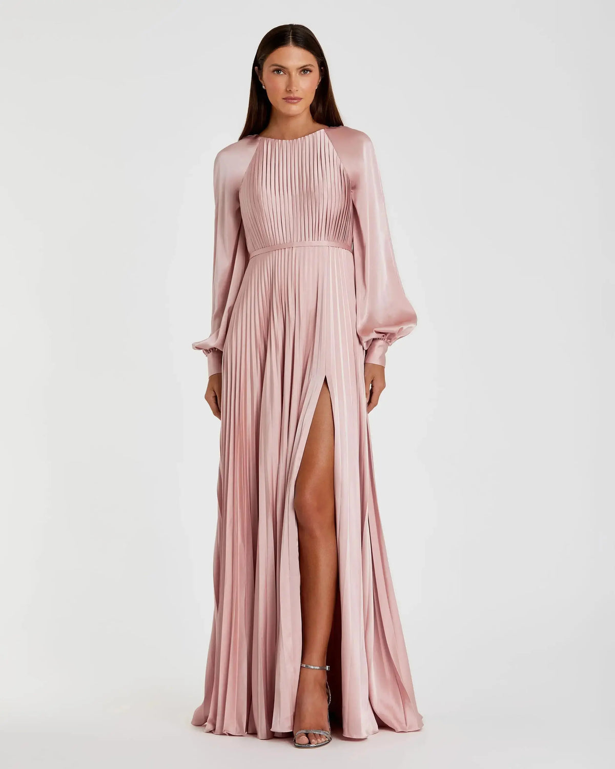 Petite Pink Pleated High Neck Raglan Long Sleeve Side Slit Gown