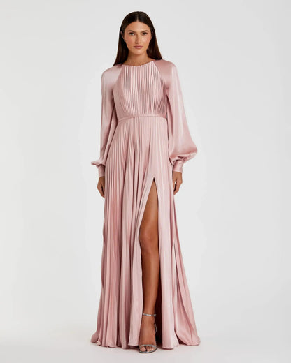 Petite Pink Pleated High Neck Raglan Long Sleeve Side Slit Gown
