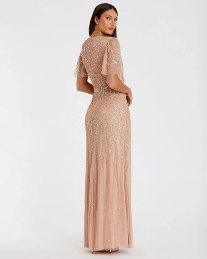 Petite Pink Embellished Flutter Sleeve Gown