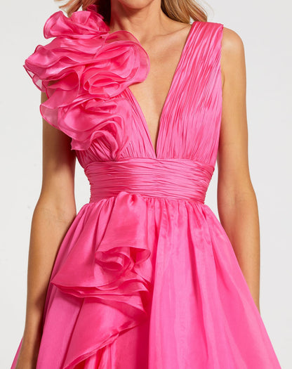 Petite Pink Ruffle Shoulder V-Neck Chiffon Gown