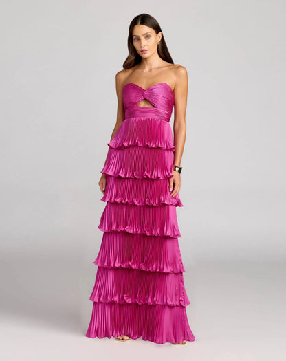 Petite Pink Pleated Charmeuse Strapless Tiered Ruffle Gown