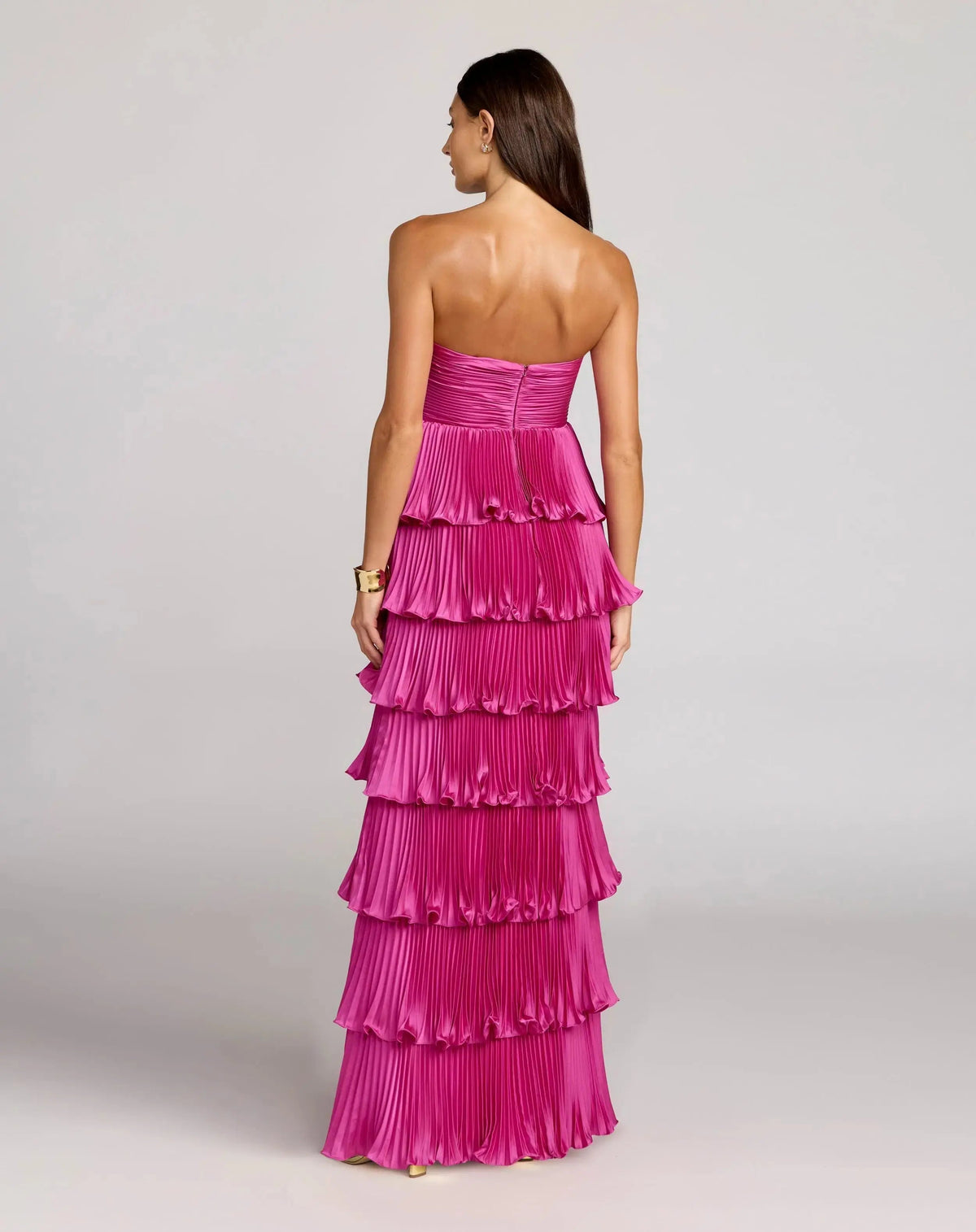 Petite Pink Pleated Charmeuse Strapless Tiered Ruffle Gown
