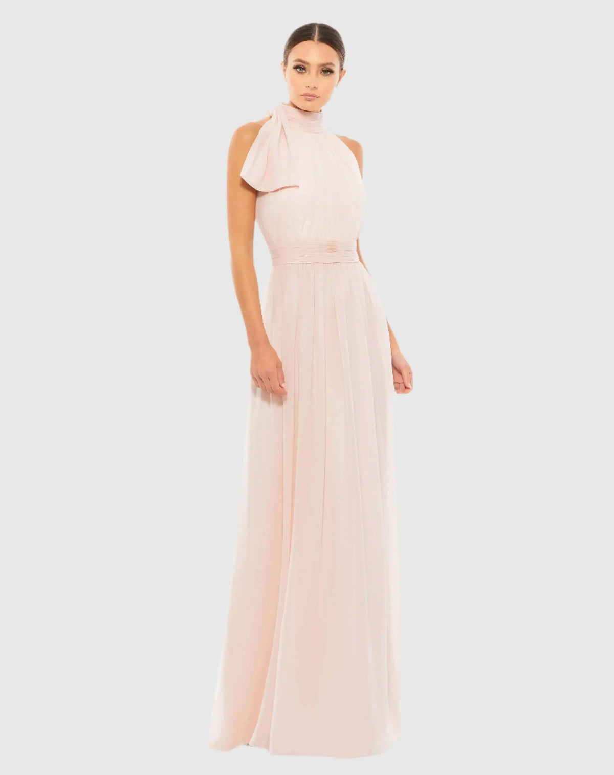 Petite Pink A Line Gown with High Neckline