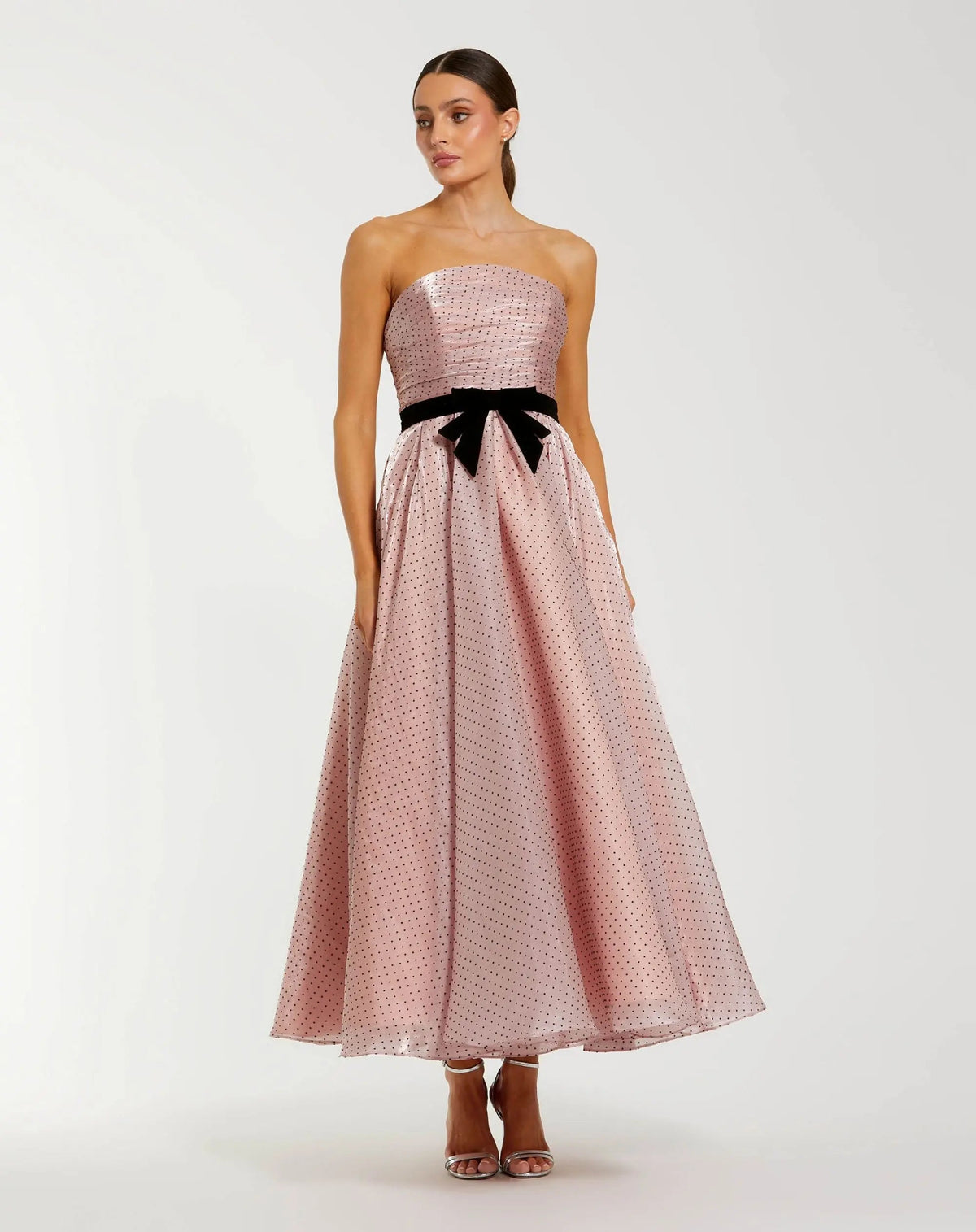 Polka Dot Organza Strapless Midi Dress With Velvet Bow