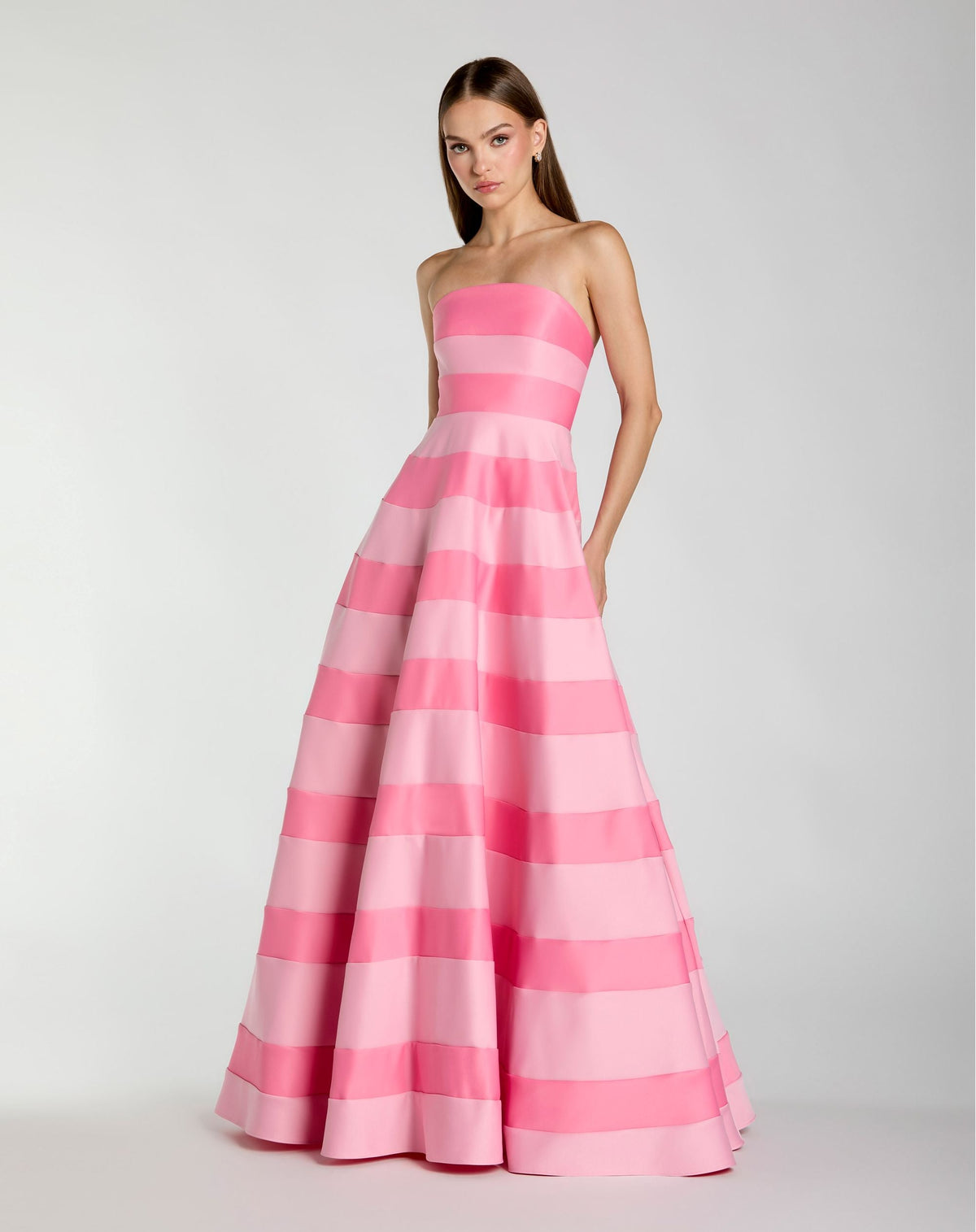 Petite Pink Striped Satin Strapless Ballgown With Pockets