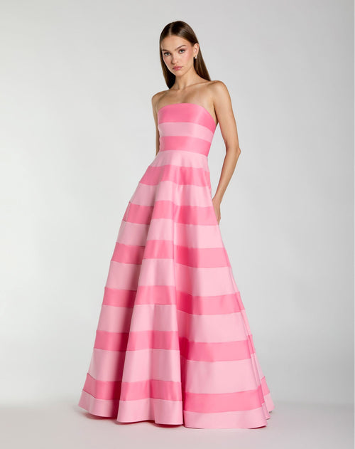 Petite Pink Striped Satin Strapless Ballgown With Pockets