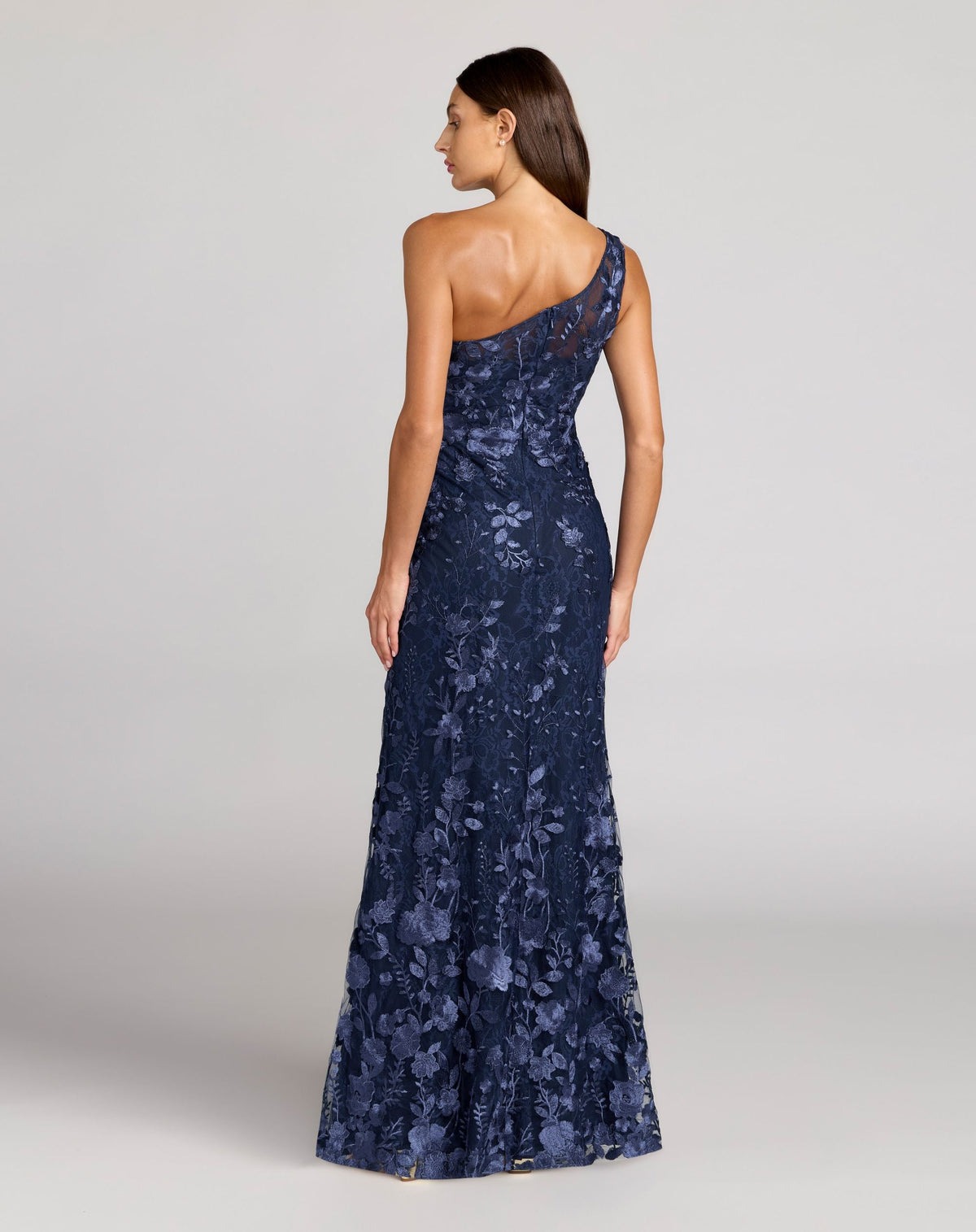 Petite Navy One Shoulder Floral Embroidered Gown