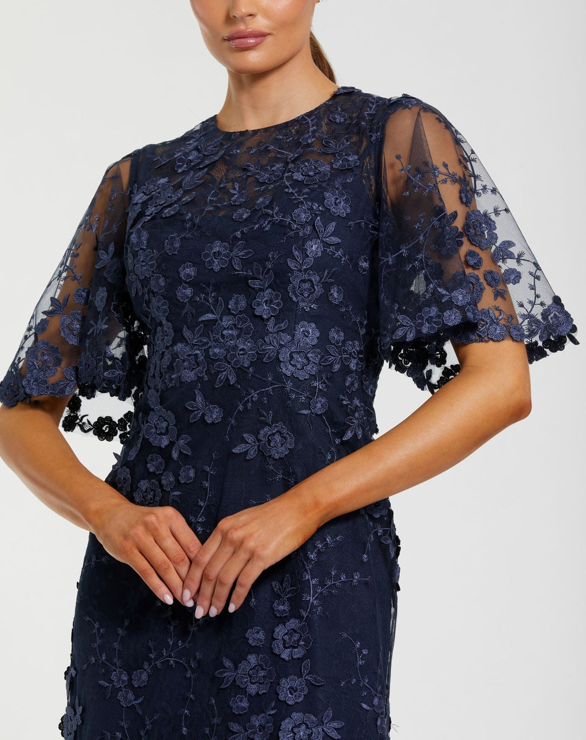 Petite Navy Flutter Sleeve Floral Embroidered Net Gown