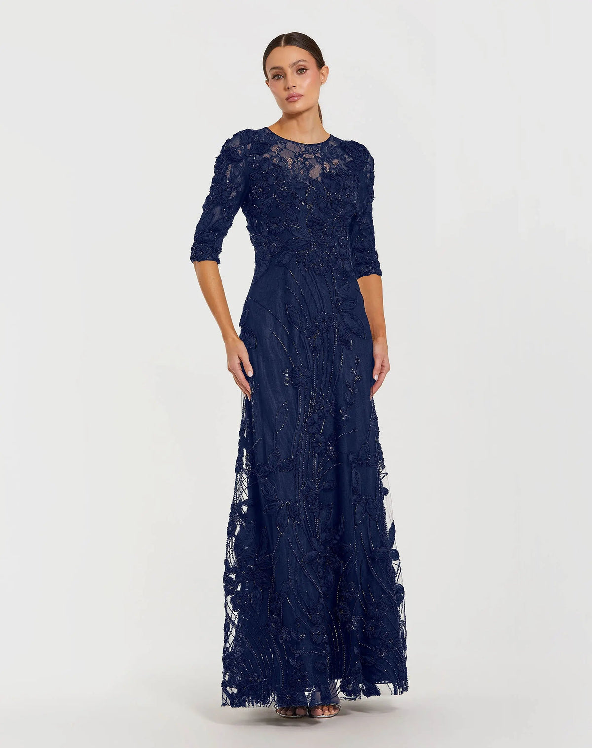 Petite Navy High Neck Embellished Lace Gown with 3/4 Sleeves