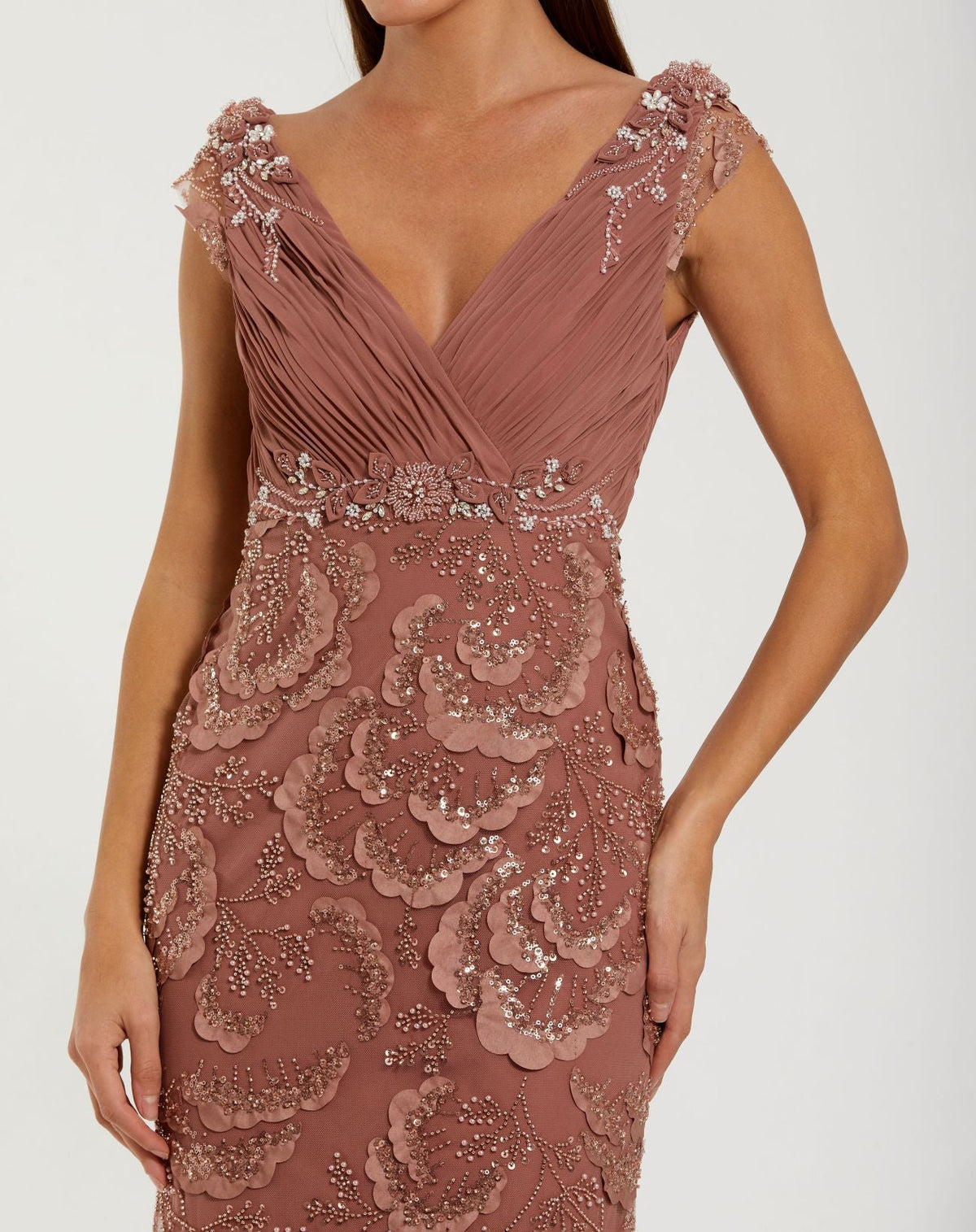 Petite Pink Floral Beaded Chiffon V-Neck Evening Gown