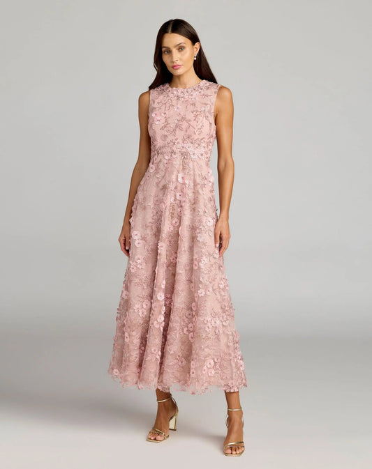 Petite Pink Floral Embroidered High Neck Midi Dress