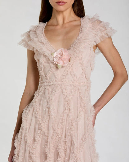 Petite Pink Micro Ruffle Cap Sleeve A-Line Midi Dress