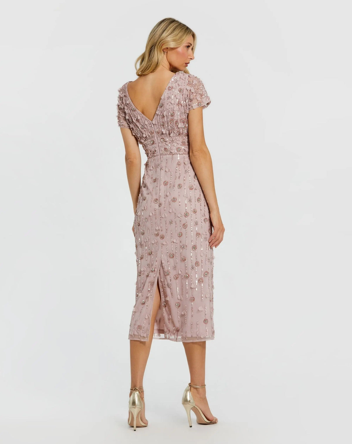 Petite Pink Cap Sleeve Sheath Midi Dress With Floral Beading