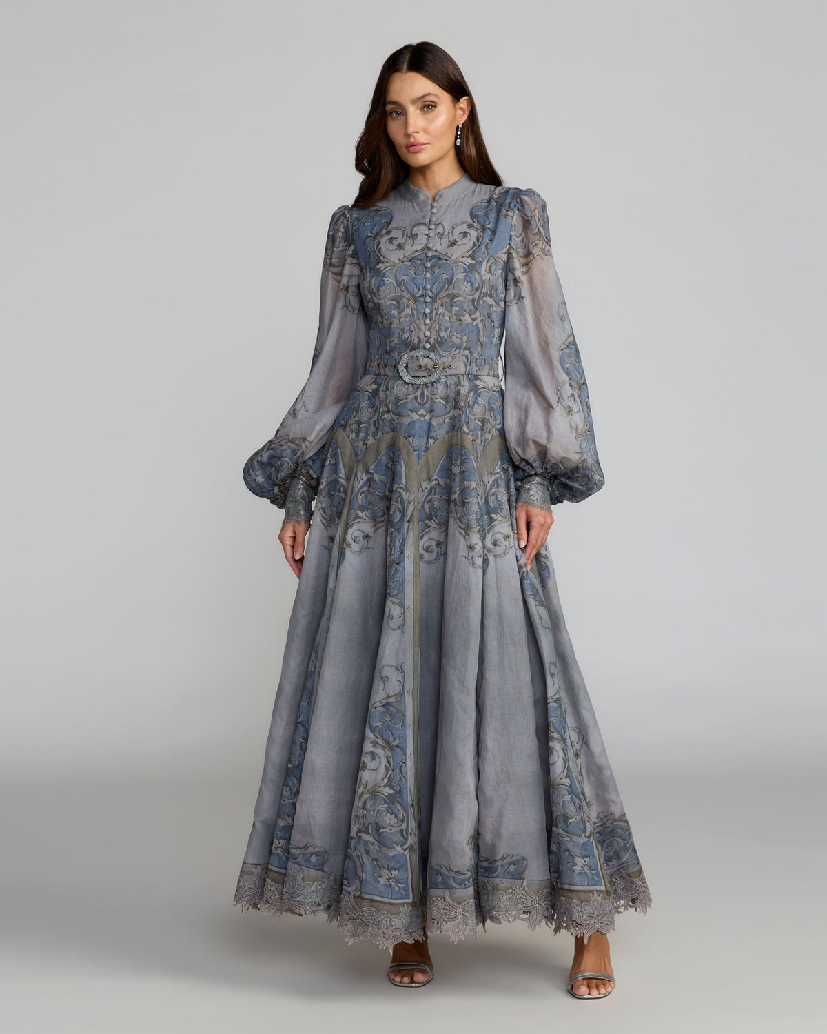 Petite Slate Blue Bishop Sleeve Printed Cotton A-Line Dress