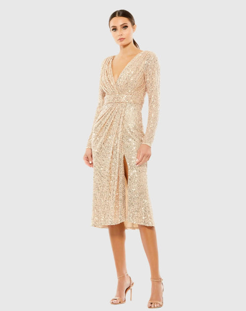 Pink Sequined Long Sleeve Midi Dress