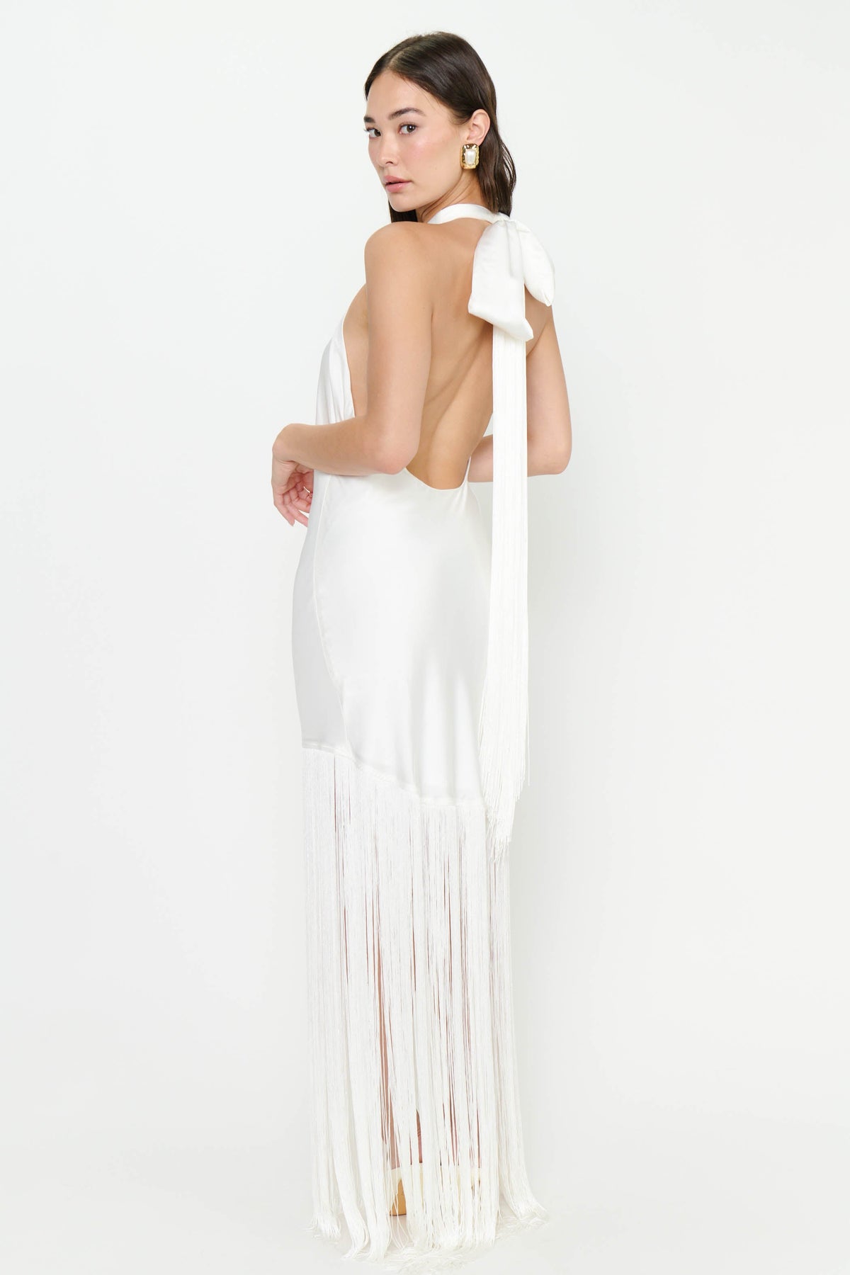 Jasmine Fringe Maxi Dress ~ Ivory Luxe Satin