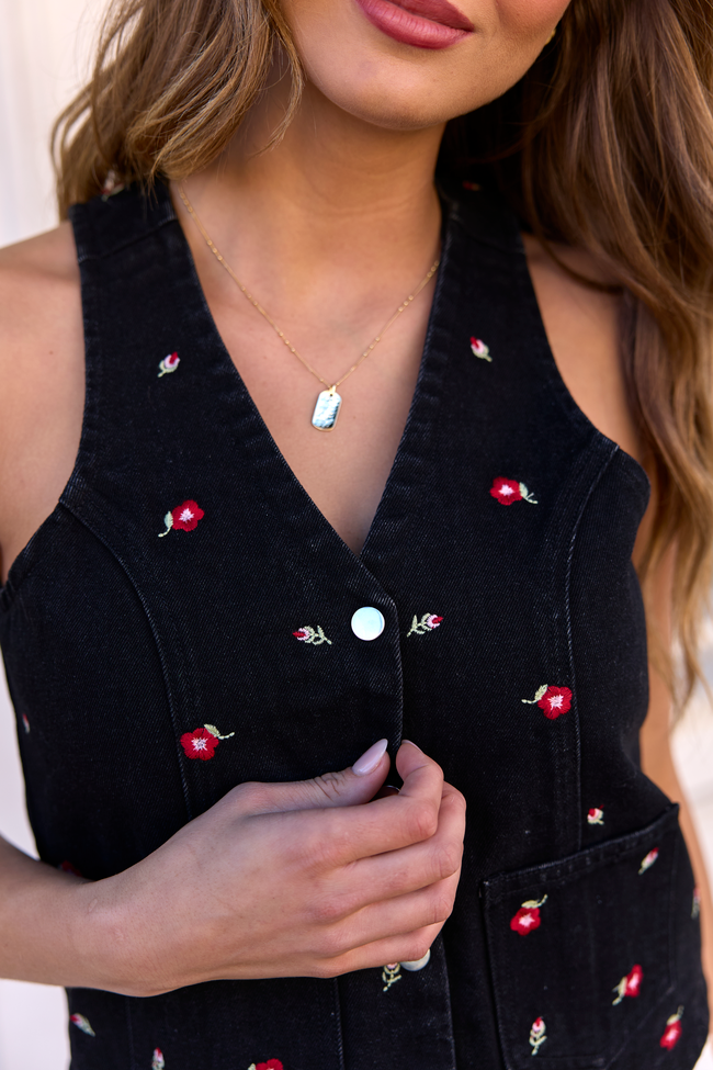 Beneath The Moon Floral Embroidered Stretch Denim Vest FINAL SALE